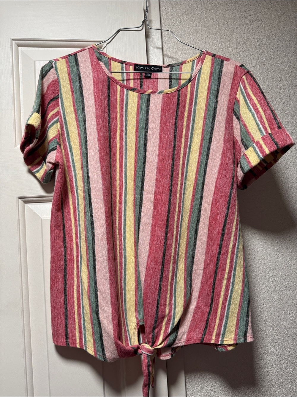 Kim & Cami Pink Yellow Green Multi-Stripe Tie-Front Short Sleeve Tee